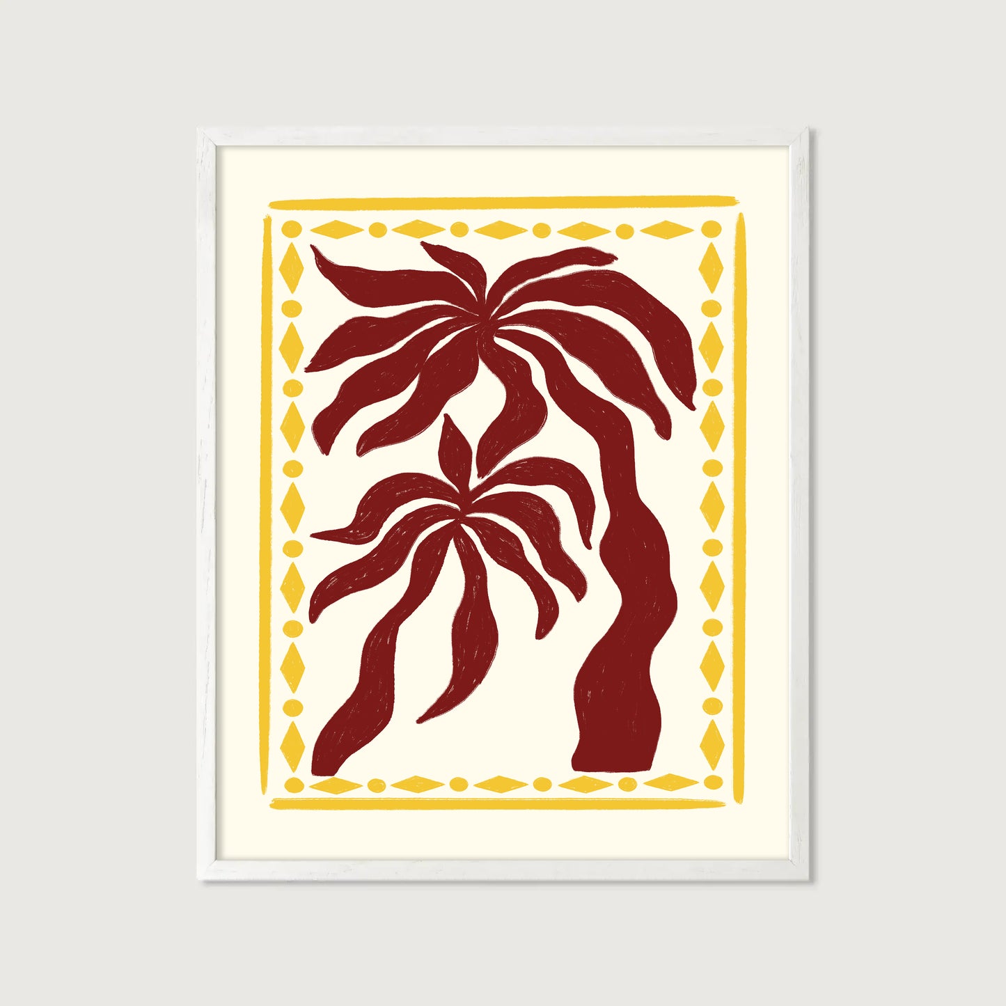 hand-drawn dark red palm trees golden diamond border cream background tropical art print