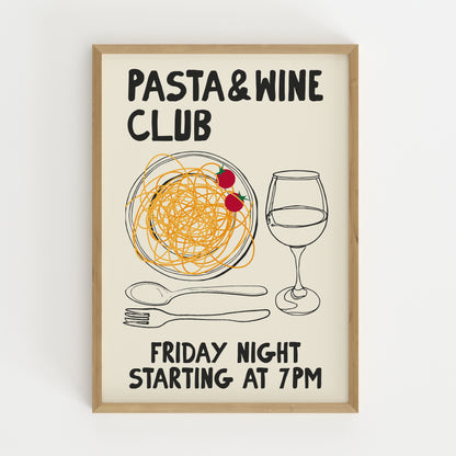 hand-drawn pasta bowl wine glass cherry tomatoes cream background pasta and wine club art print