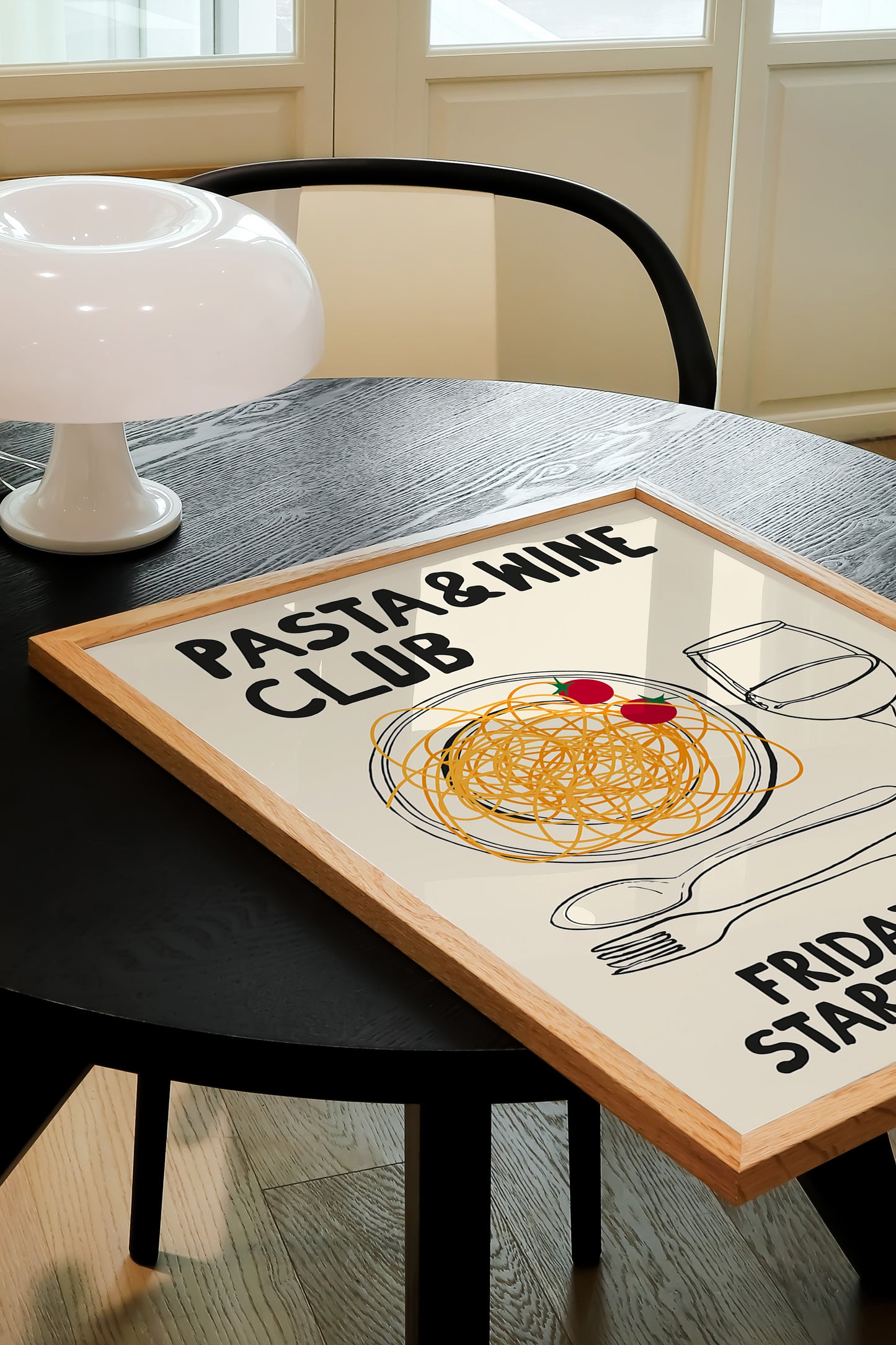 hand-drawn pasta bowl wine glass cherry tomatoes cream background pasta and wine club art print