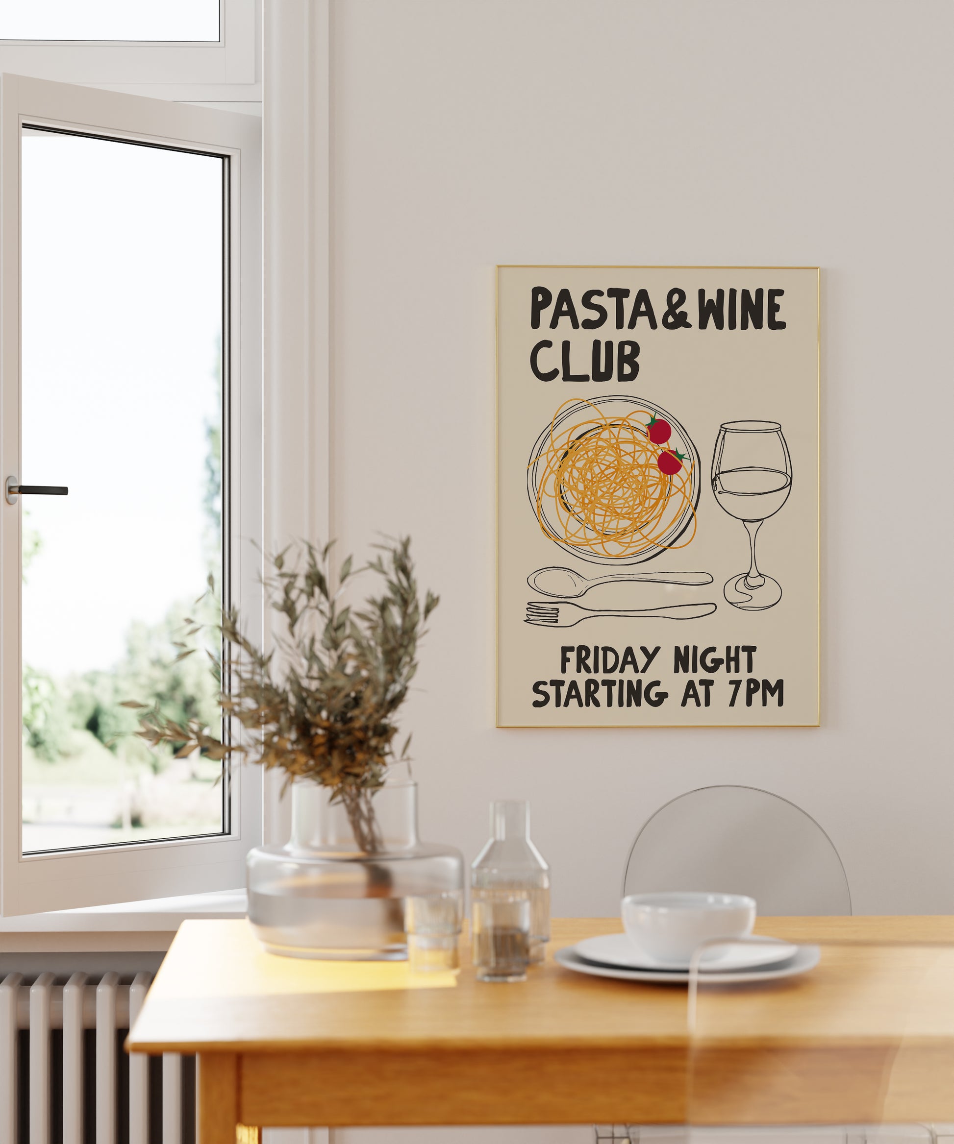 hand-drawn pasta bowl wine glass cherry tomatoes cream background pasta and wine club art print