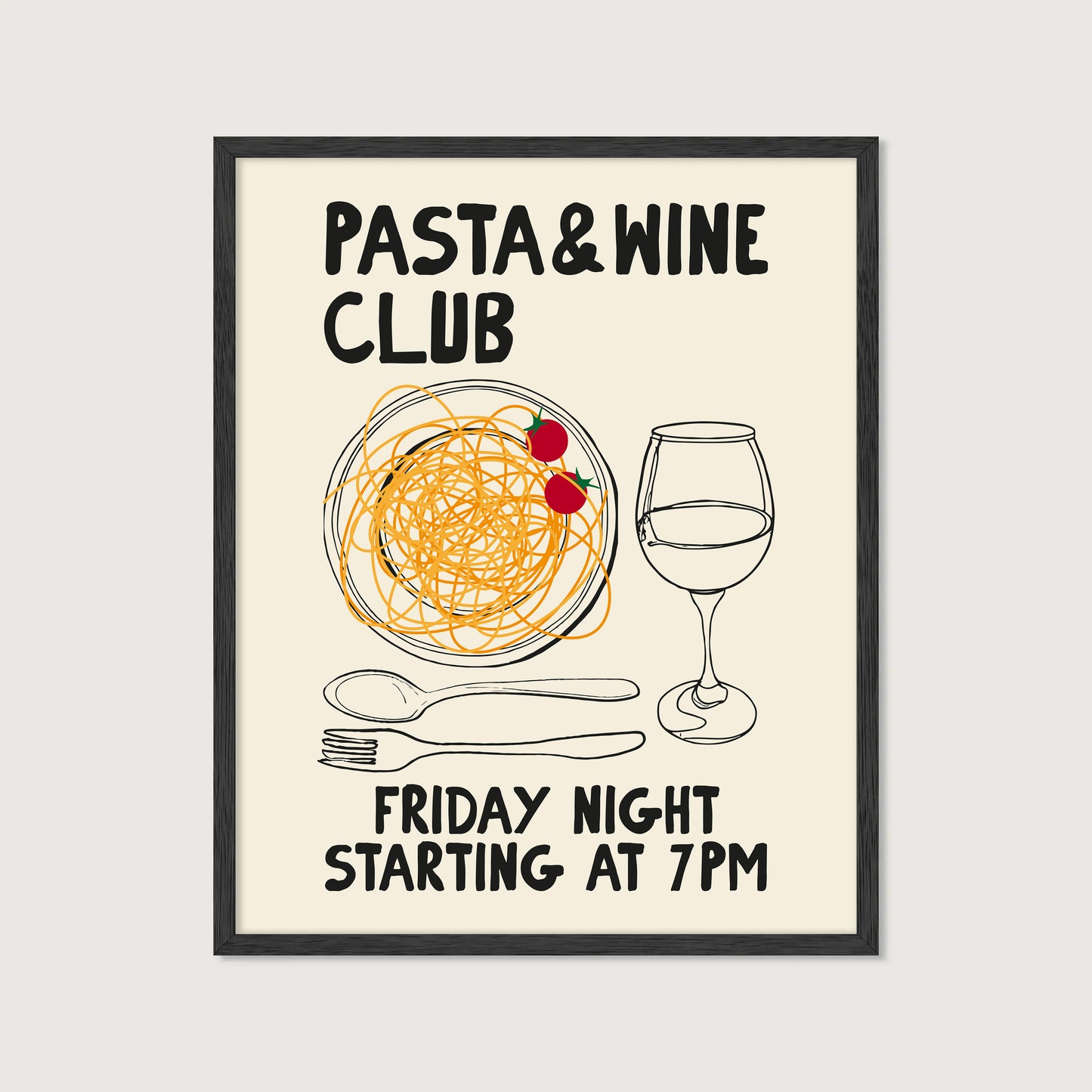 hand-drawn pasta bowl wine glass cherry tomatoes cream background pasta and wine club art print