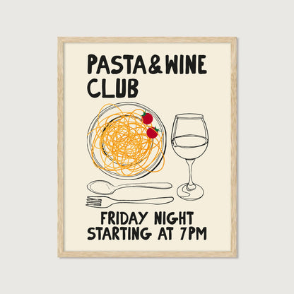 hand-drawn pasta bowl wine glass cherry tomatoes cream background pasta and wine club art print
