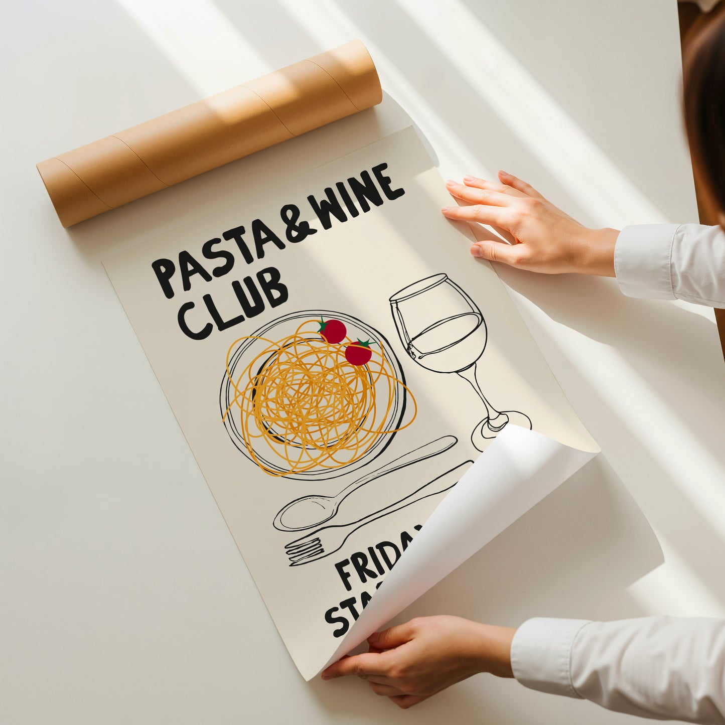 hand-drawn pasta bowl wine glass cherry tomatoes cream background pasta and wine club art print