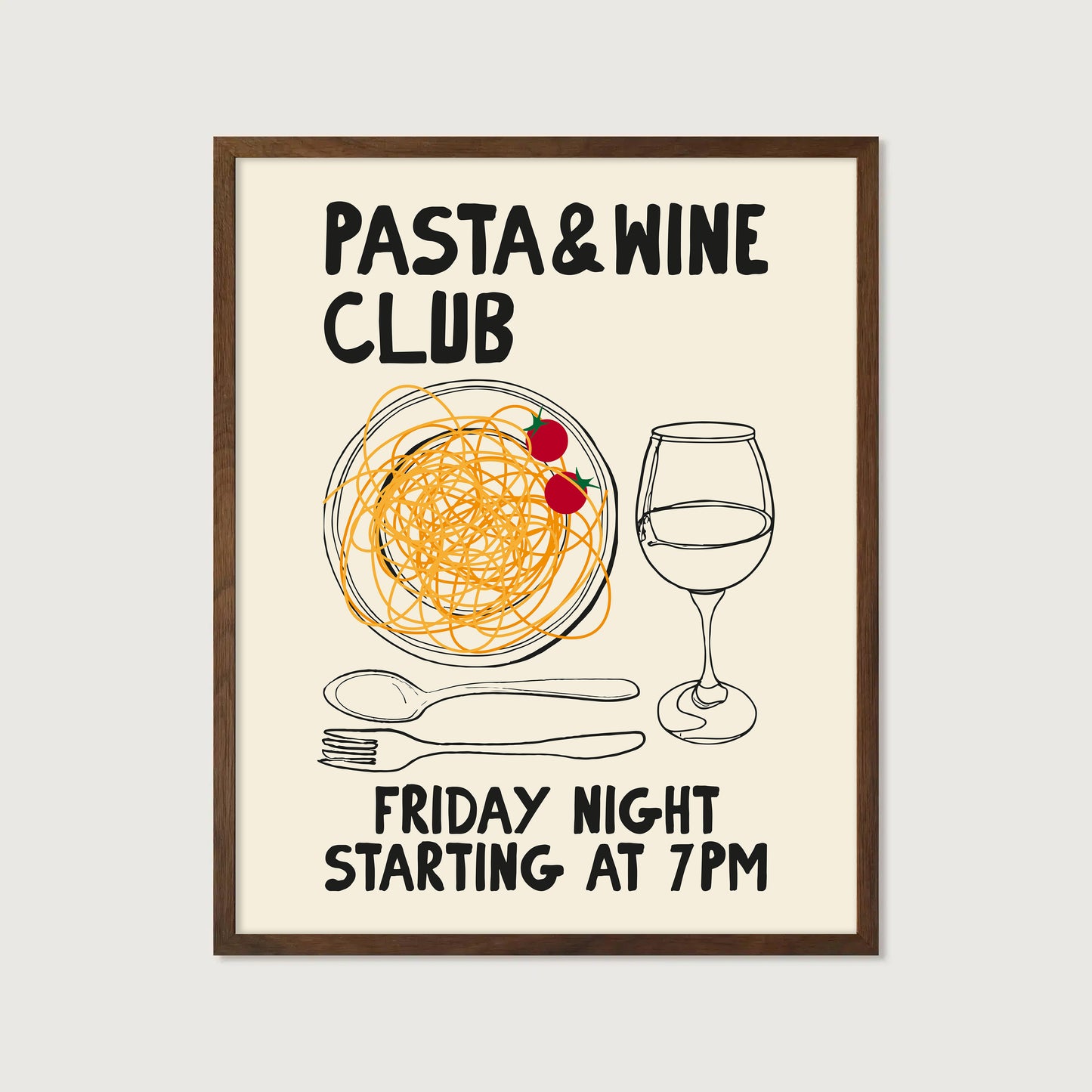 hand-drawn pasta bowl wine glass cherry tomatoes cream background pasta and wine club art print