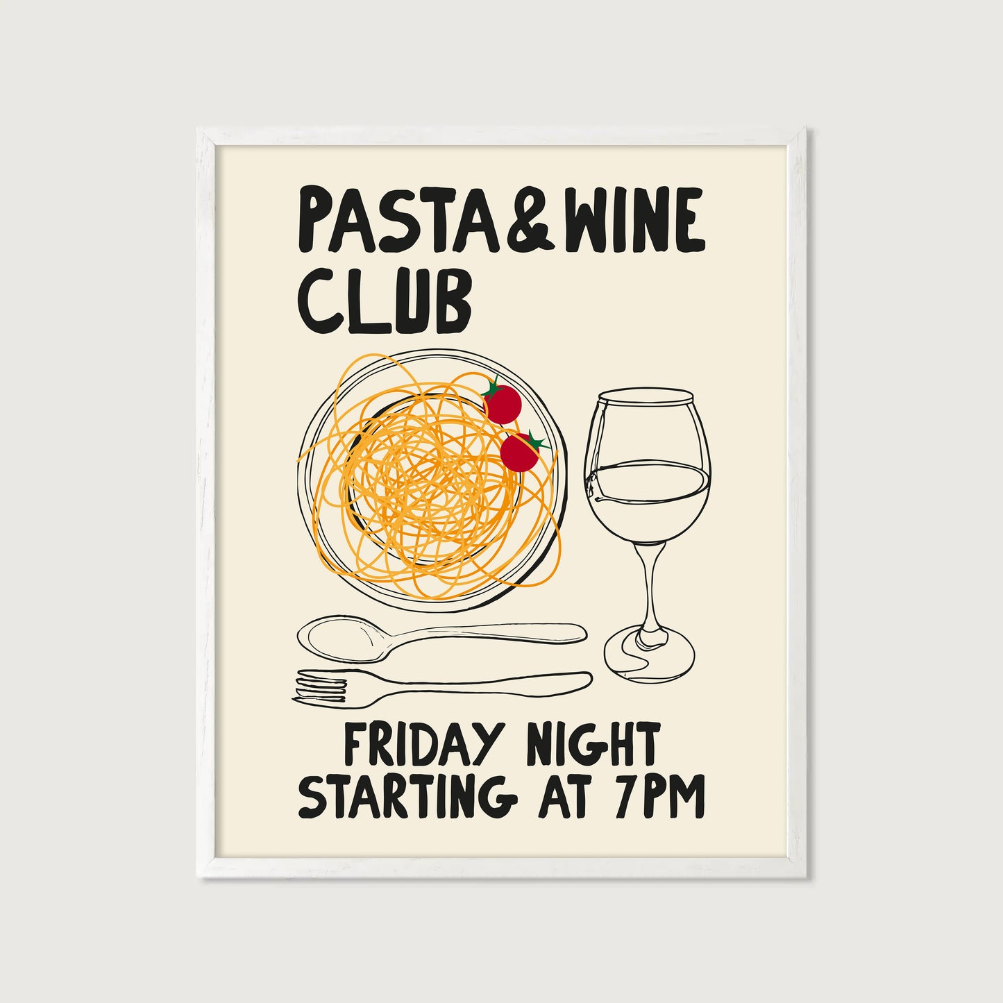 hand-drawn pasta bowl wine glass cherry tomatoes cream background pasta and wine club art print