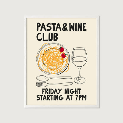 hand-drawn pasta bowl wine glass cherry tomatoes cream background pasta and wine club art print