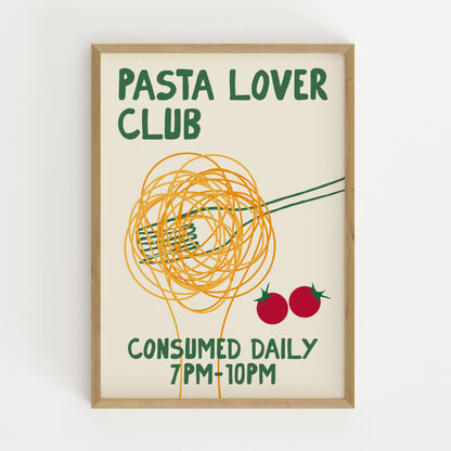 hand-drawn spaghetti fork cherry tomatoes green orange cream background pasta lover club art print