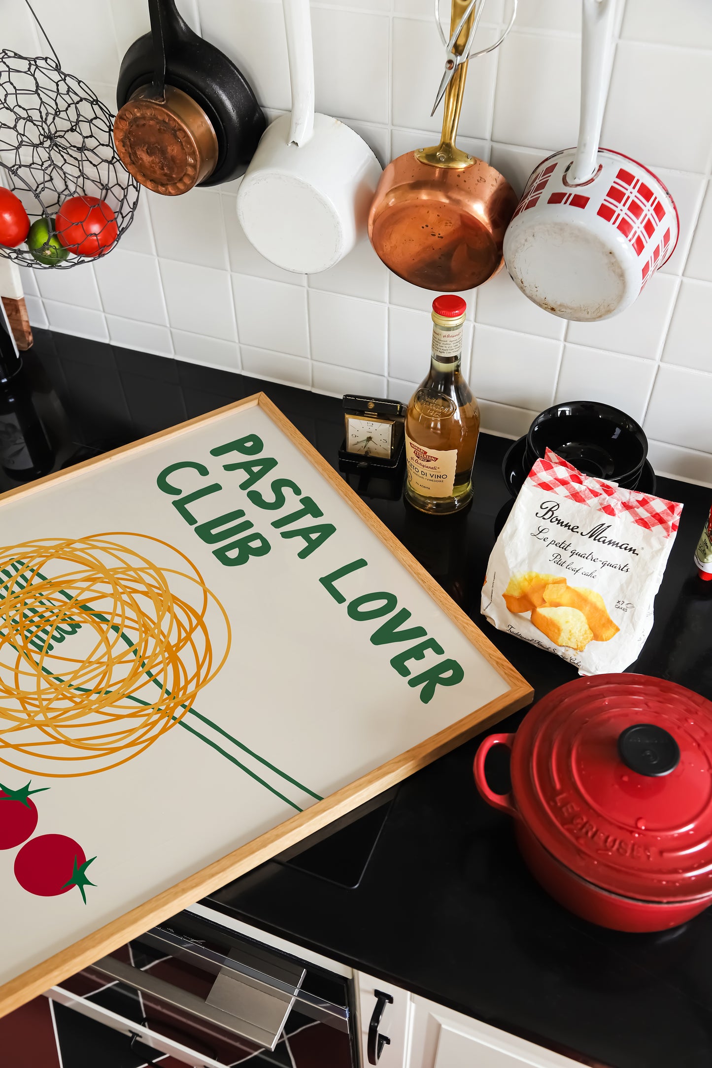 hand-drawn spaghetti fork cherry tomatoes green orange cream background pasta lover club art print