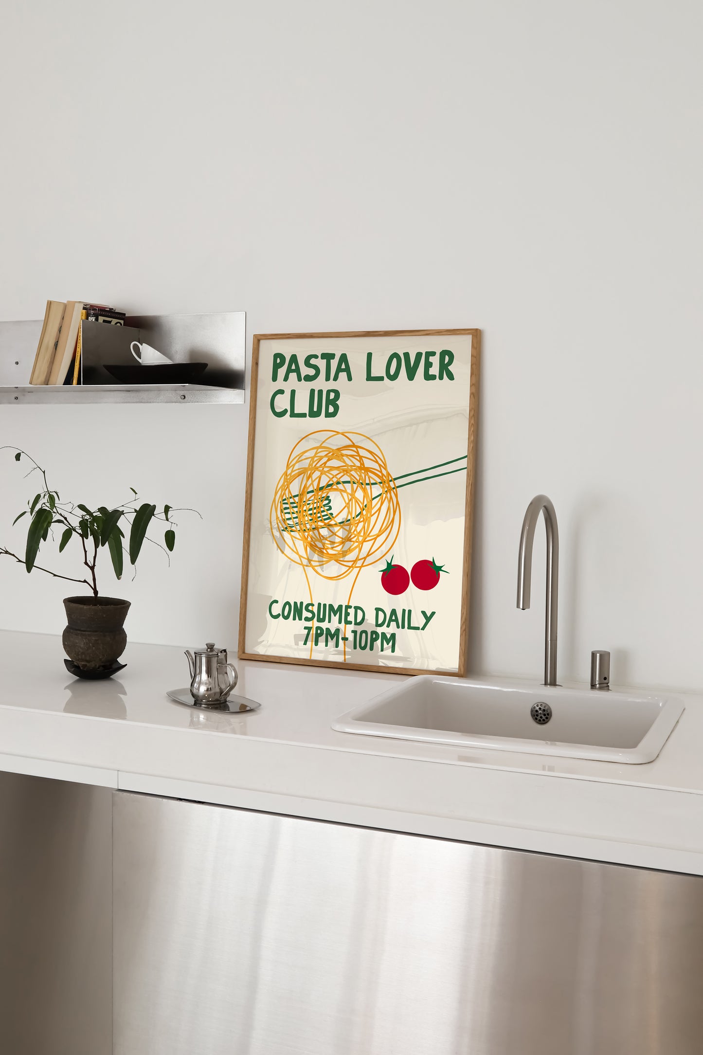 hand-drawn spaghetti fork cherry tomatoes green orange cream background pasta lover club art print
