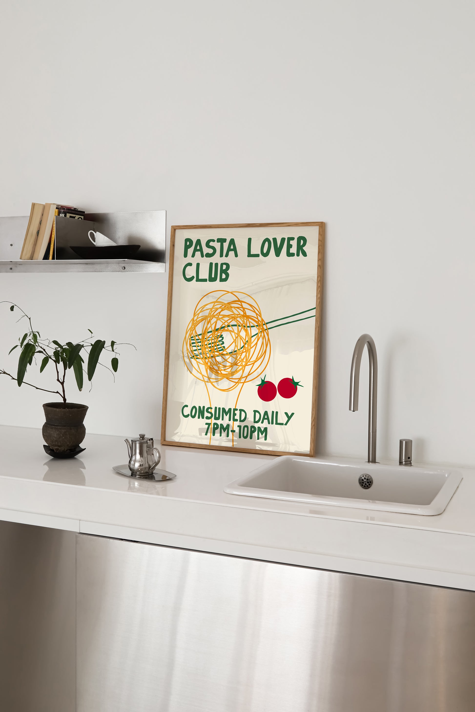 hand-drawn spaghetti fork cherry tomatoes green orange cream background pasta lover club art print