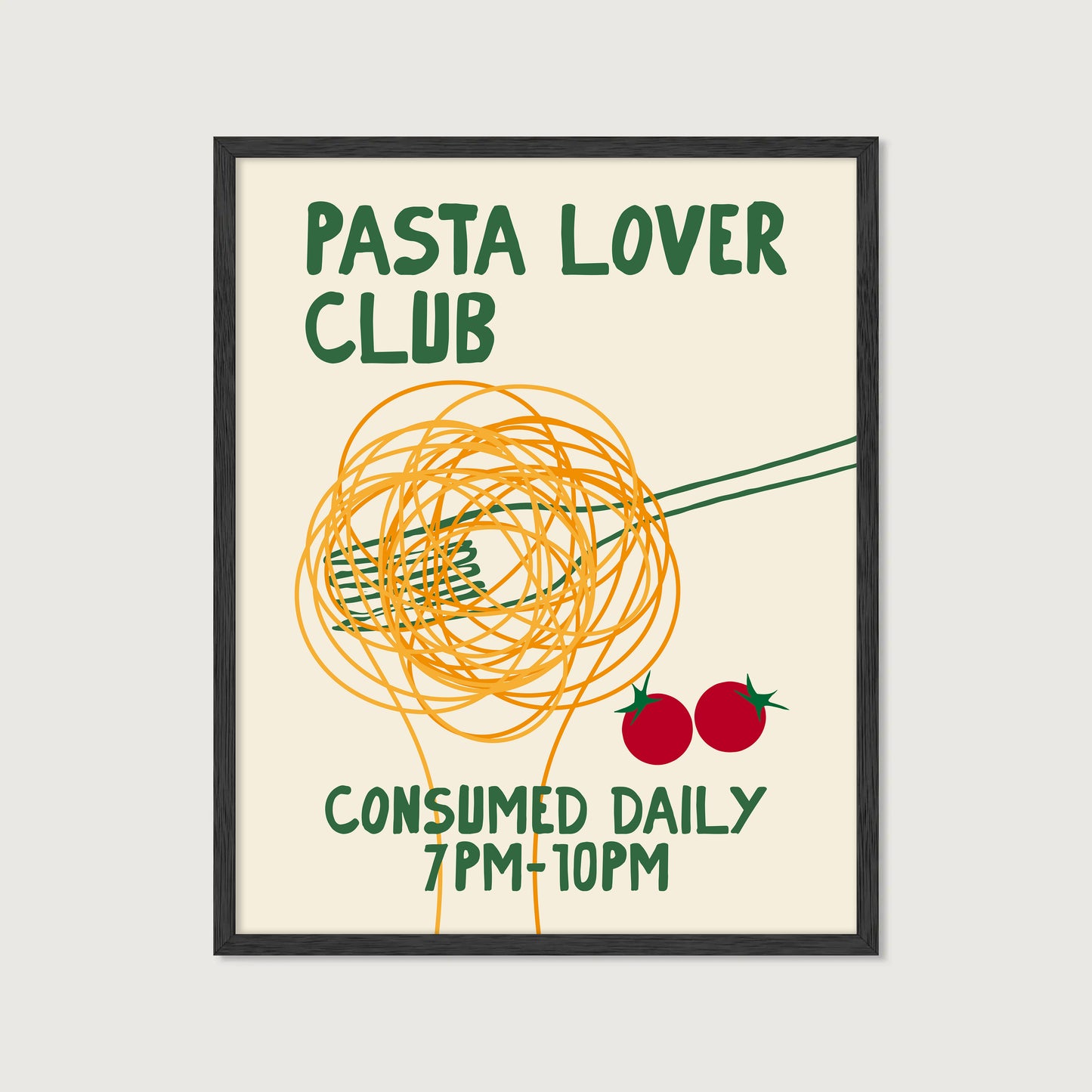 hand-drawn spaghetti fork cherry tomatoes green orange cream background pasta lover club art print