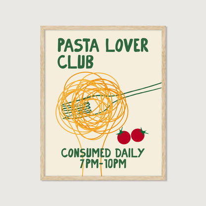 hand-drawn spaghetti fork cherry tomatoes green orange cream background pasta lover club art print