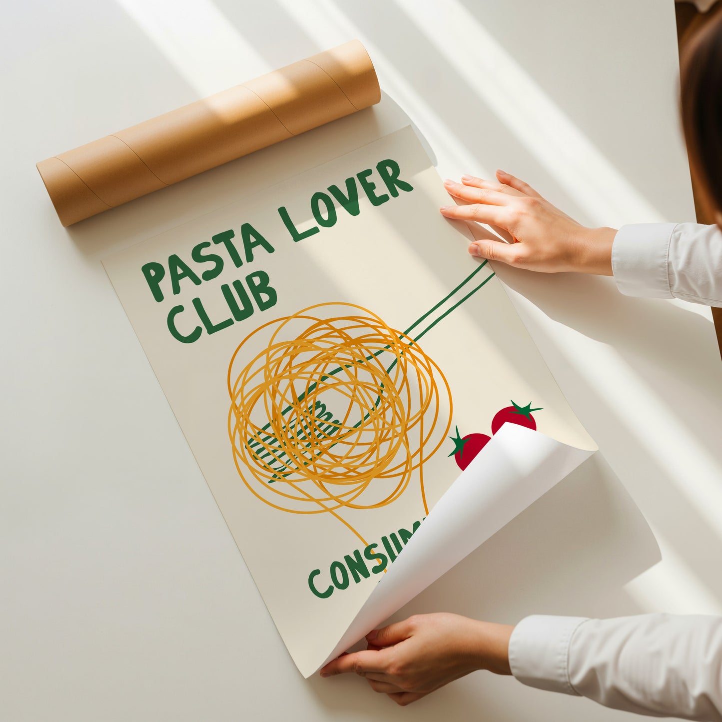 hand-drawn spaghetti fork cherry tomatoes green orange cream background pasta lover club art print
