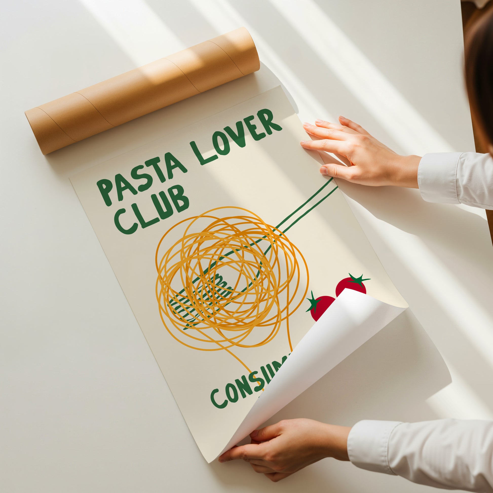hand-drawn spaghetti fork cherry tomatoes green orange cream background pasta lover club art print