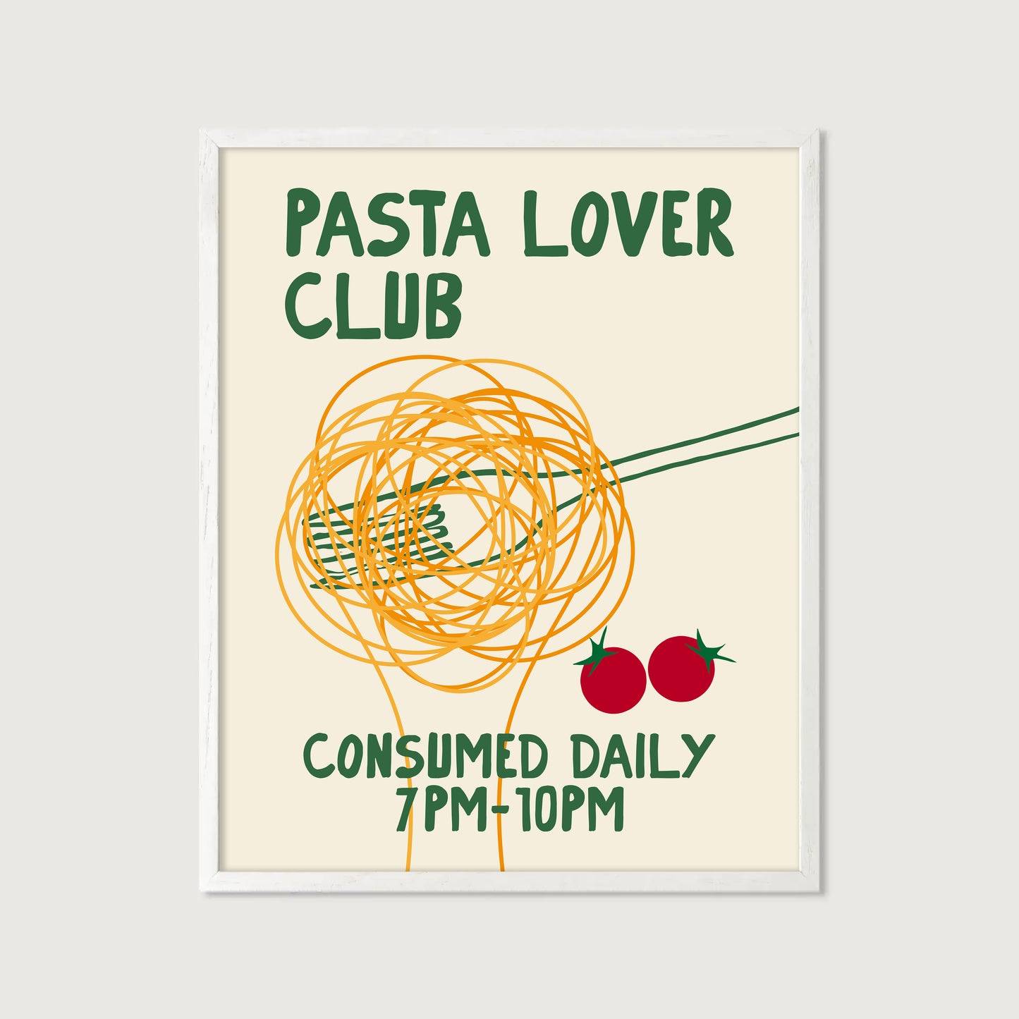 hand-drawn spaghetti fork cherry tomatoes green orange cream background pasta lover club art print
