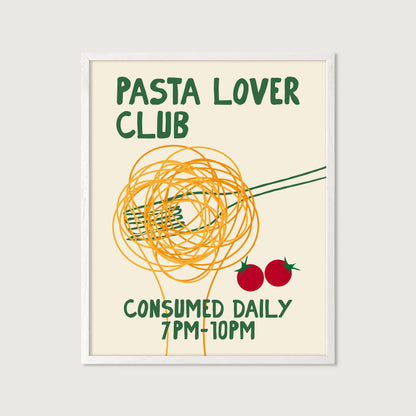 hand-drawn spaghetti fork cherry tomatoes green orange cream background pasta lover club art print
