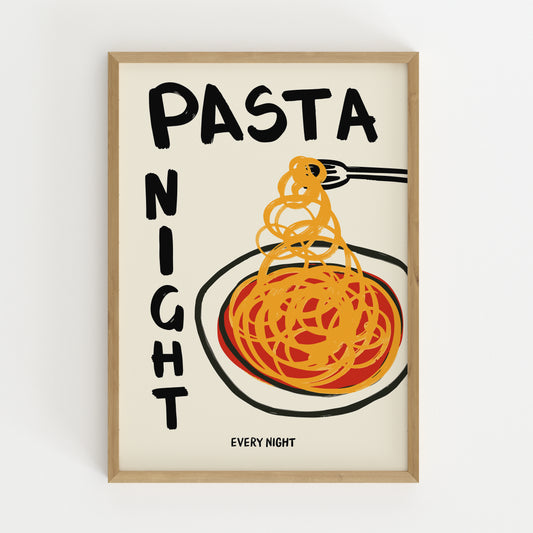 hand-drawn spaghetti plate tomato sauce pasta night every night bold lettering cream background art print