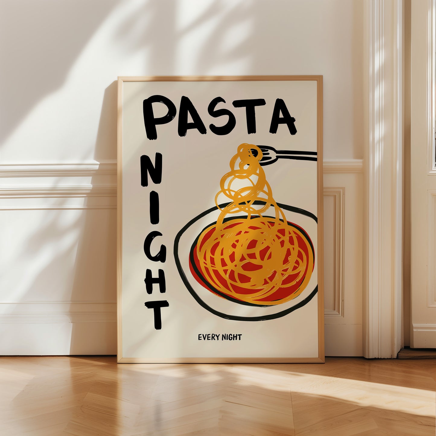 hand-drawn spaghetti plate tomato sauce pasta night every night bold lettering cream background art print