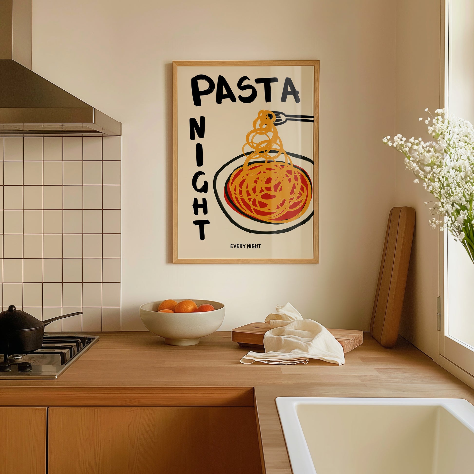 hand-drawn spaghetti plate tomato sauce pasta night every night bold lettering cream background art print