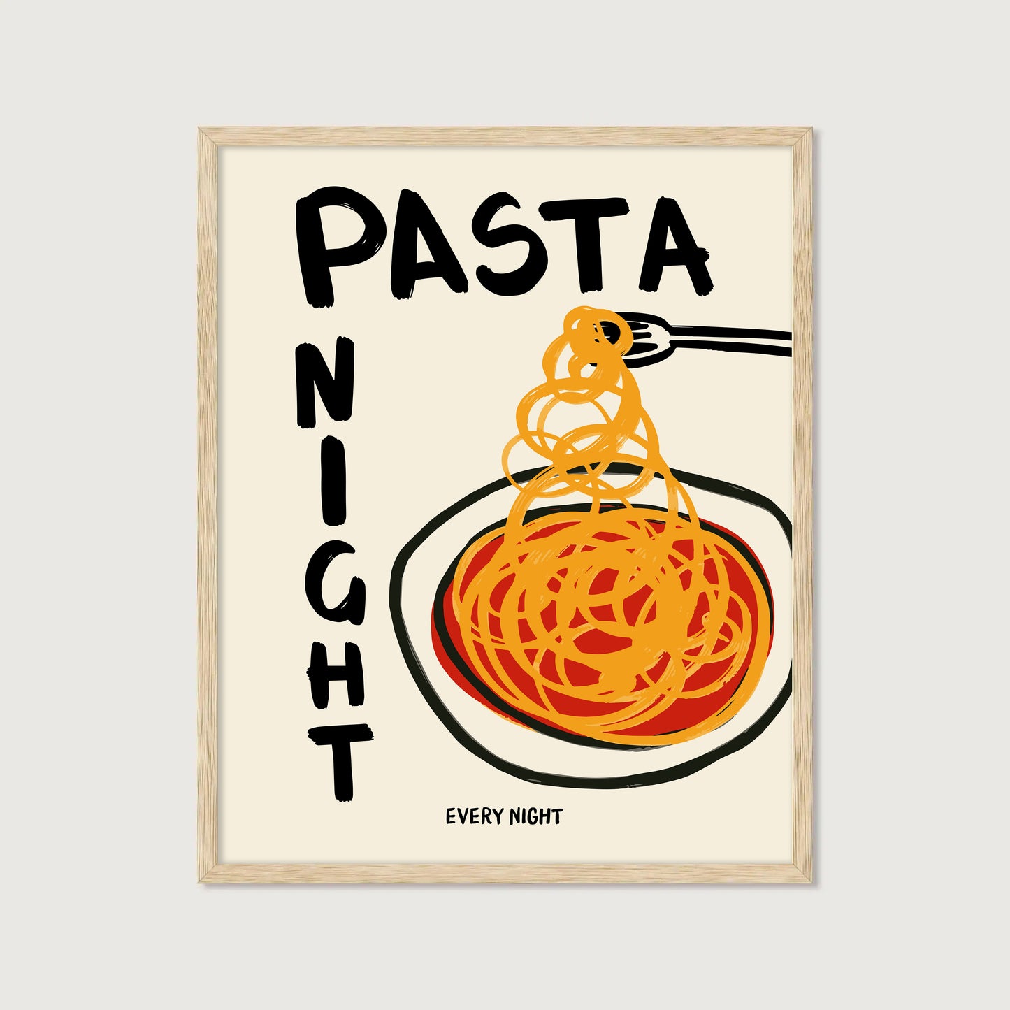 hand-drawn spaghetti plate tomato sauce pasta night every night bold lettering cream background art print