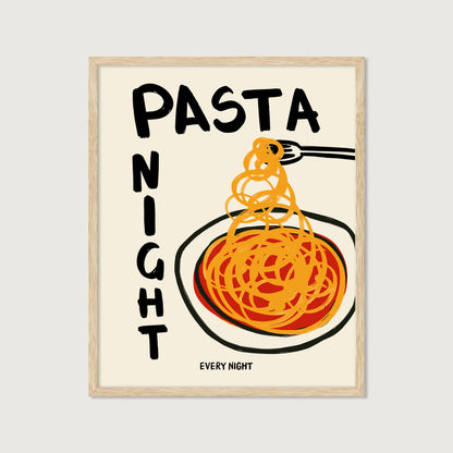 hand-drawn spaghetti plate tomato sauce pasta night every night bold lettering cream background art print