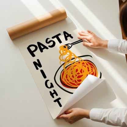 hand-drawn spaghetti plate tomato sauce pasta night every night bold lettering cream background art print