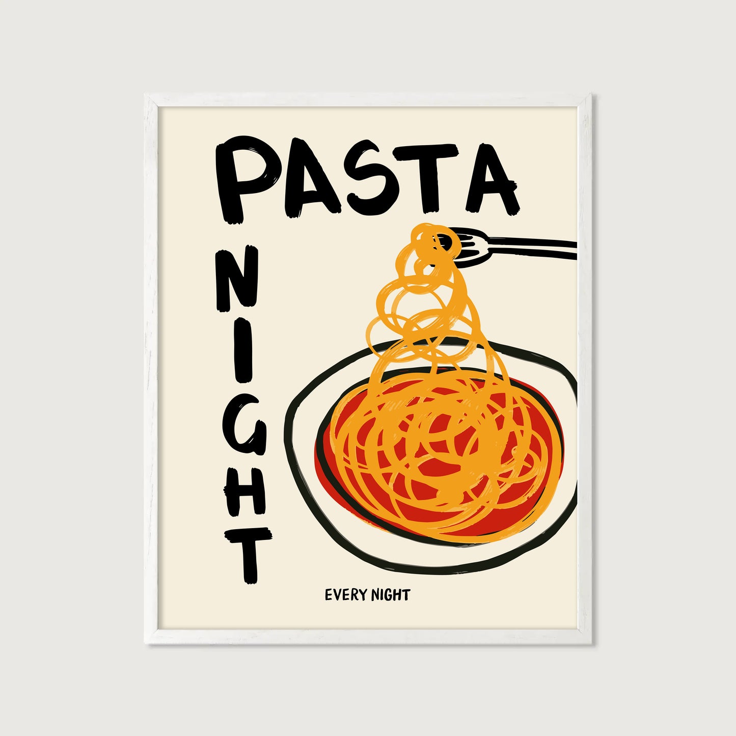 hand-drawn spaghetti plate tomato sauce pasta night every night bold lettering cream background art print