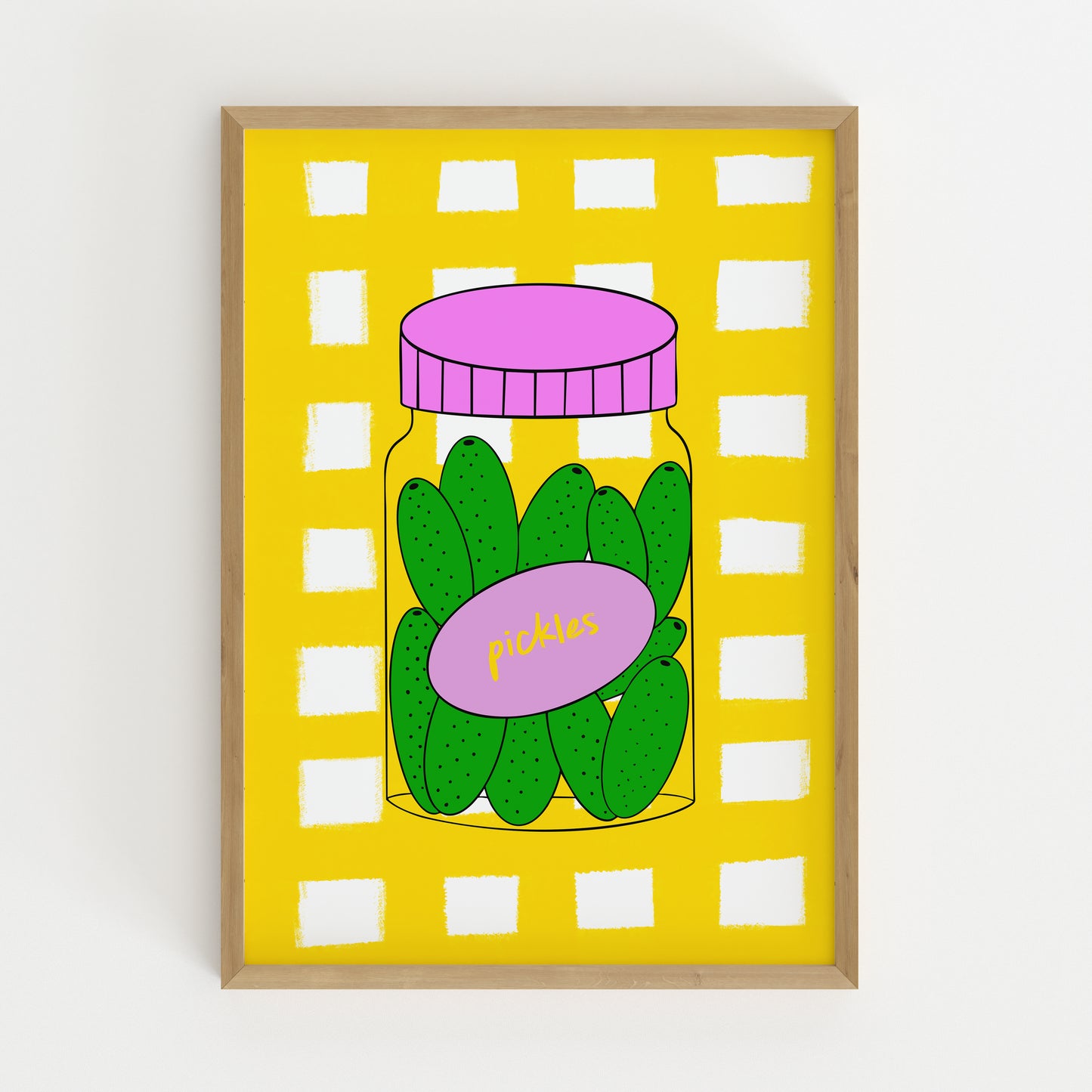 hand-drawn green pickle jar pink lid bold yellow gingham background food art print