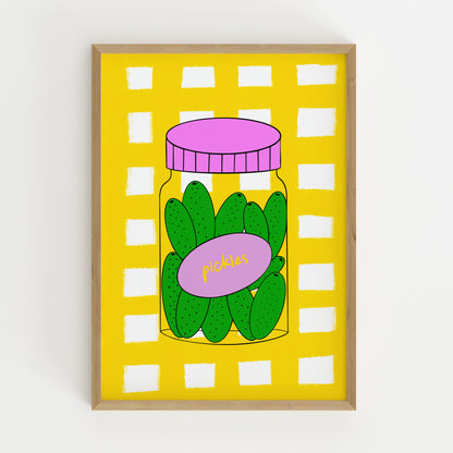 hand-drawn green pickle jar pink lid bold yellow gingham background food art print