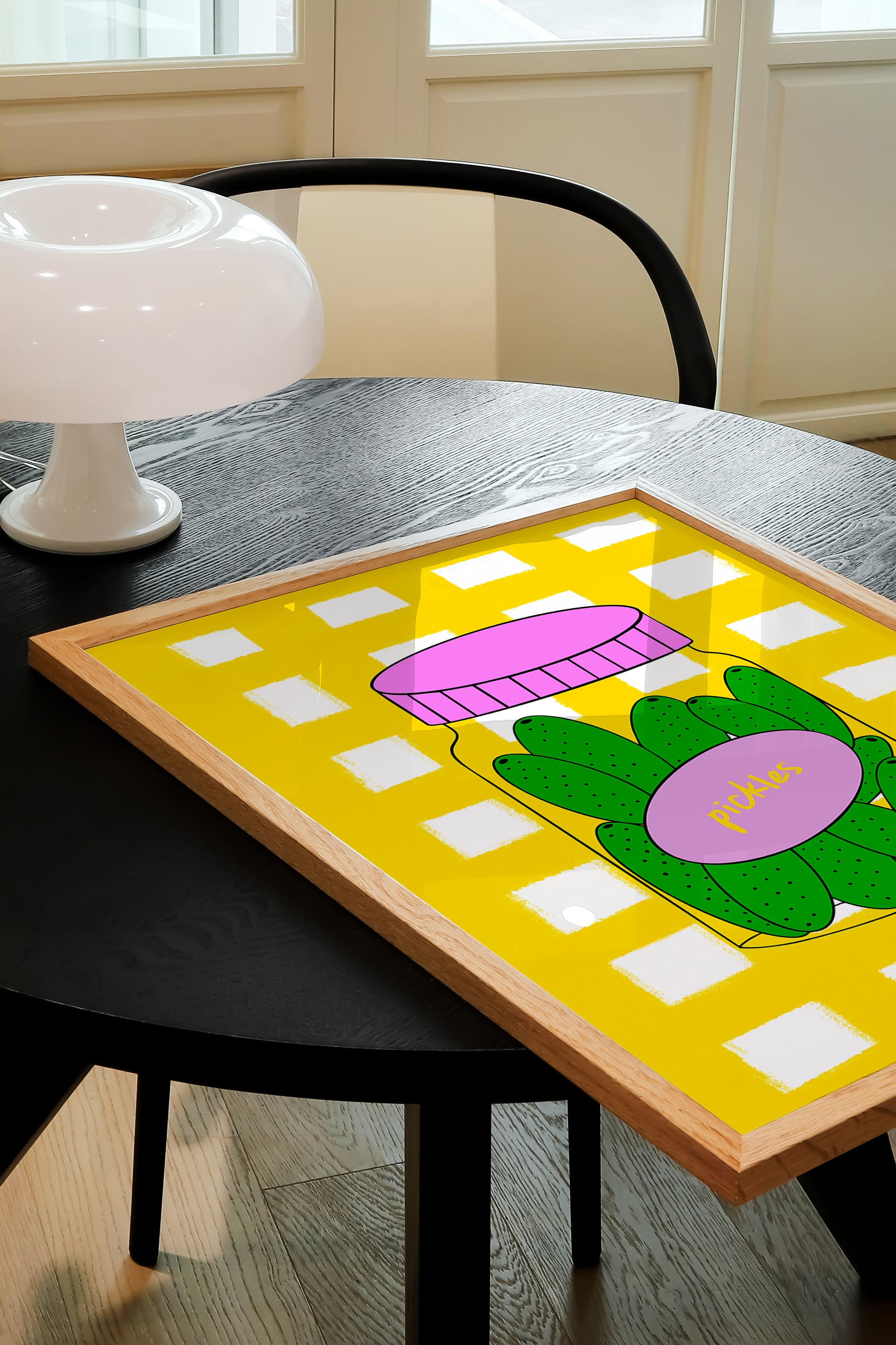 hand-drawn green pickle jar pink lid bold yellow gingham background food art print