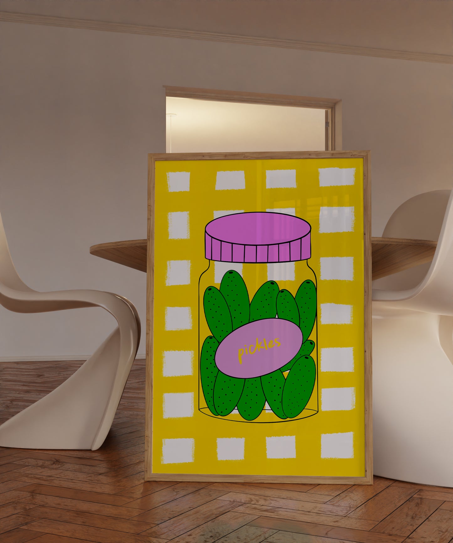 hand-drawn green pickle jar pink lid bold yellow gingham background food art print
