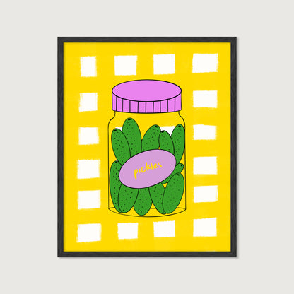 hand-drawn green pickle jar pink lid bold yellow gingham background food art print