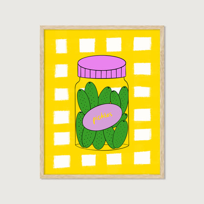 hand-drawn green pickle jar pink lid bold yellow gingham background food art print
