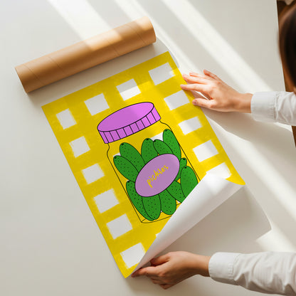 hand-drawn green pickle jar pink lid bold yellow gingham background food art print