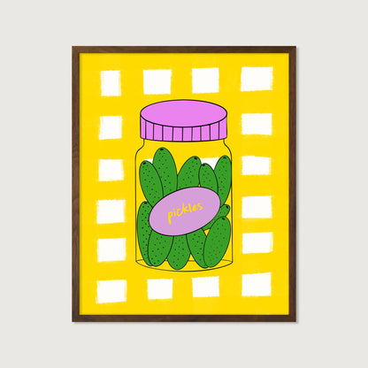 hand-drawn green pickle jar pink lid bold yellow gingham background food art print