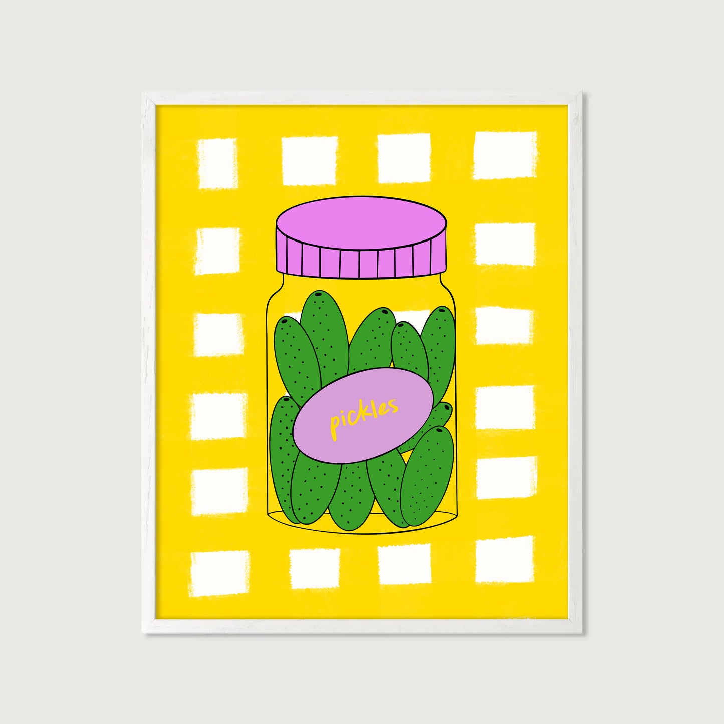 hand-drawn green pickle jar pink lid bold yellow gingham background food art print