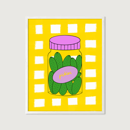 hand-drawn green pickle jar pink lid bold yellow gingham background food art print