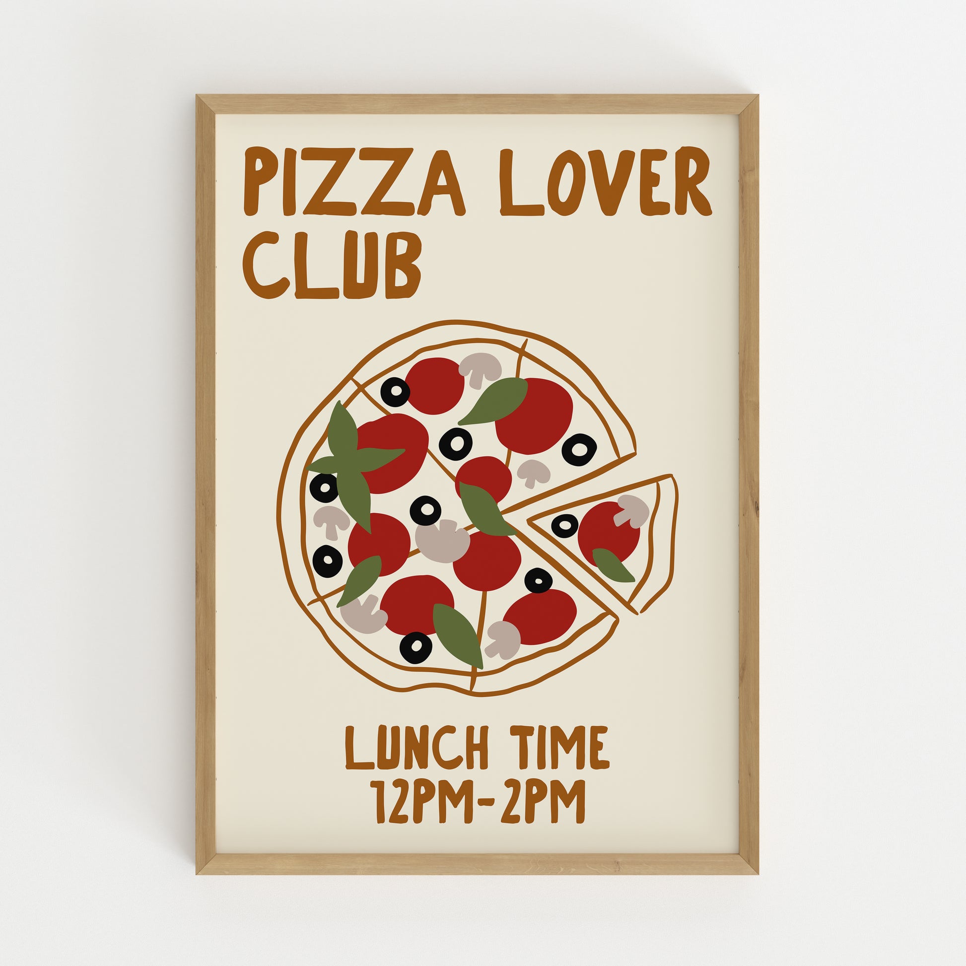 hand-drawn topped pizza tomatoes olives mushrooms basil cream background pizza lover club art print