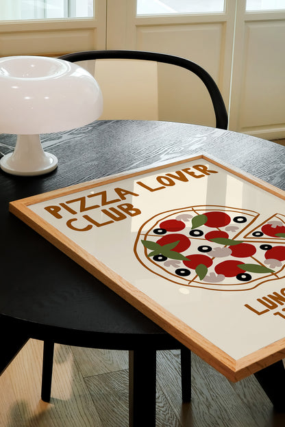 hand-drawn topped pizza tomatoes olives mushrooms basil cream background pizza lover club art print
