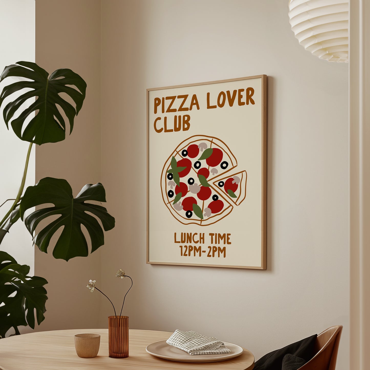 hand-drawn topped pizza tomatoes olives mushrooms basil cream background pizza lover club art print