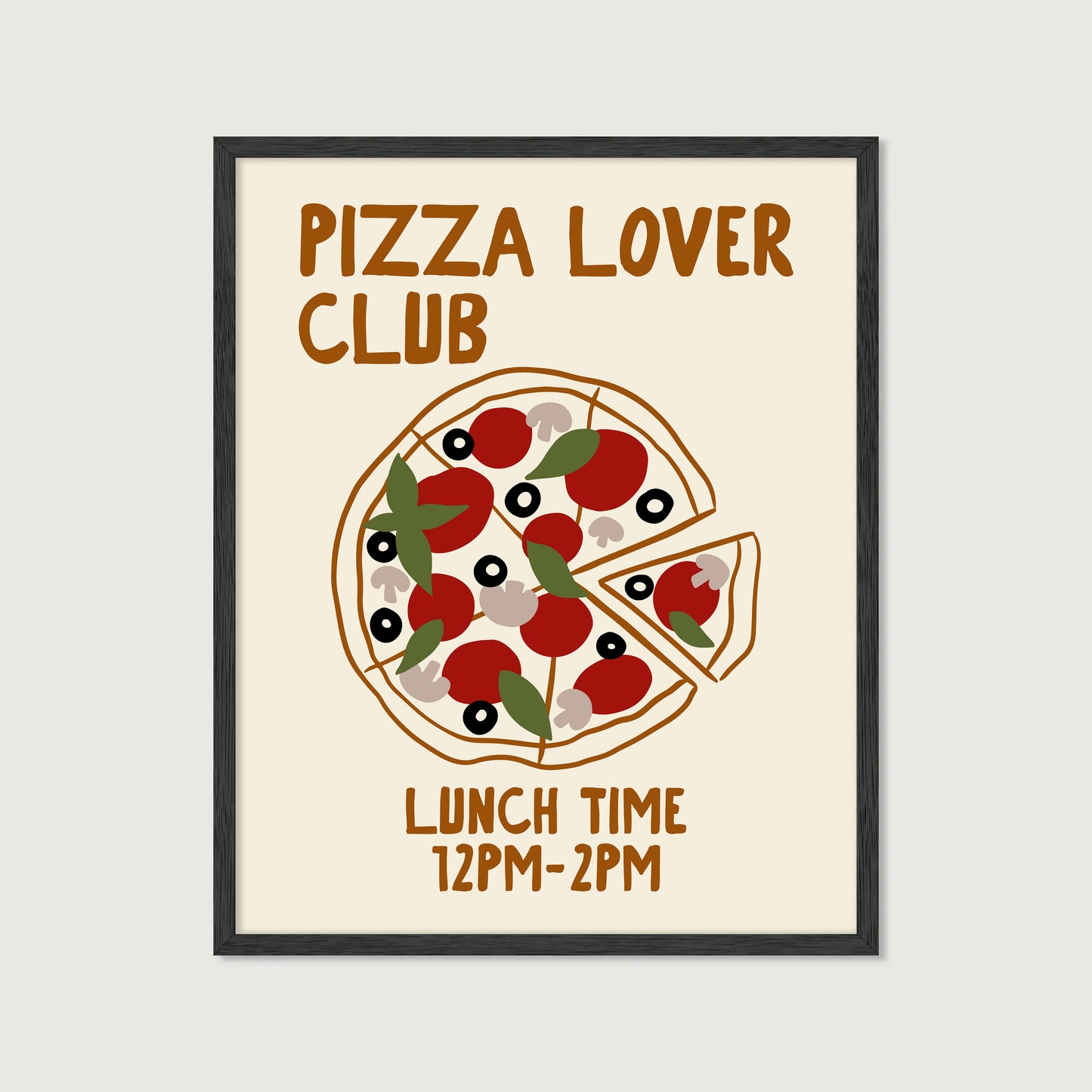 hand-drawn topped pizza tomatoes olives mushrooms basil cream background pizza lover club art print