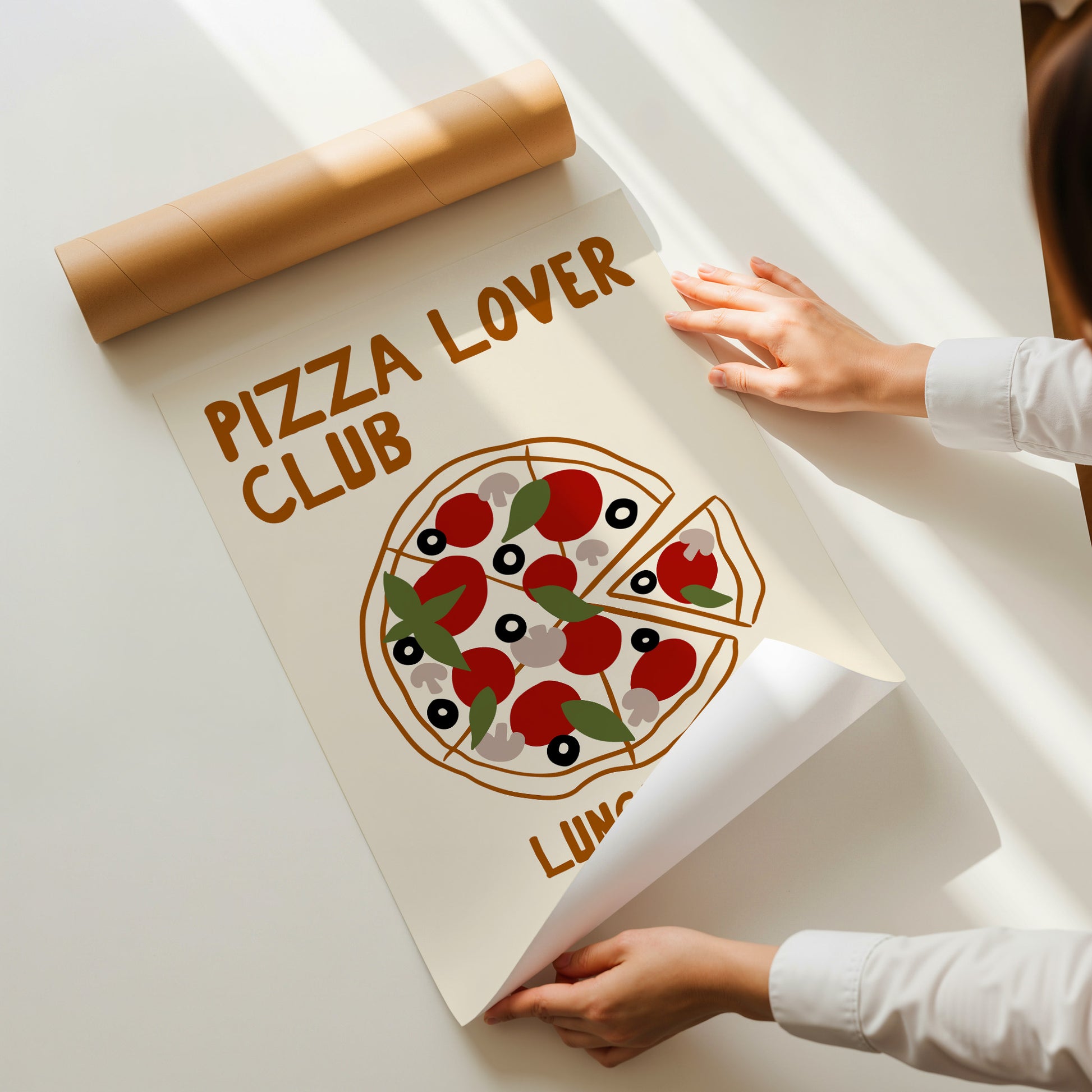 hand-drawn topped pizza tomatoes olives mushrooms basil cream background pizza lover club art print