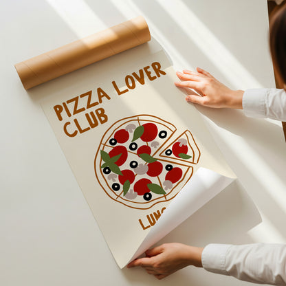 hand-drawn topped pizza tomatoes olives mushrooms basil cream background pizza lover club art print