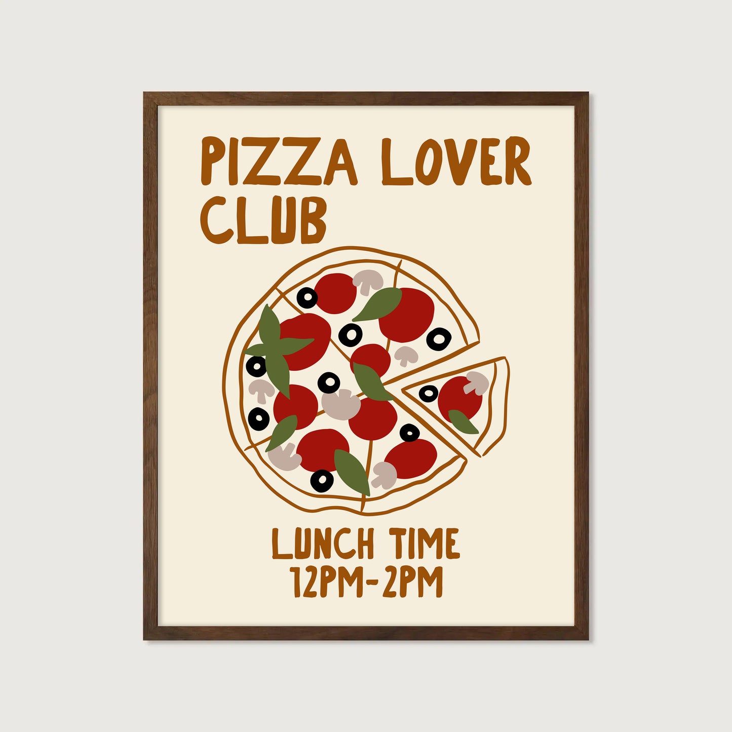 hand-drawn topped pizza tomatoes olives mushrooms basil cream background pizza lover club art print