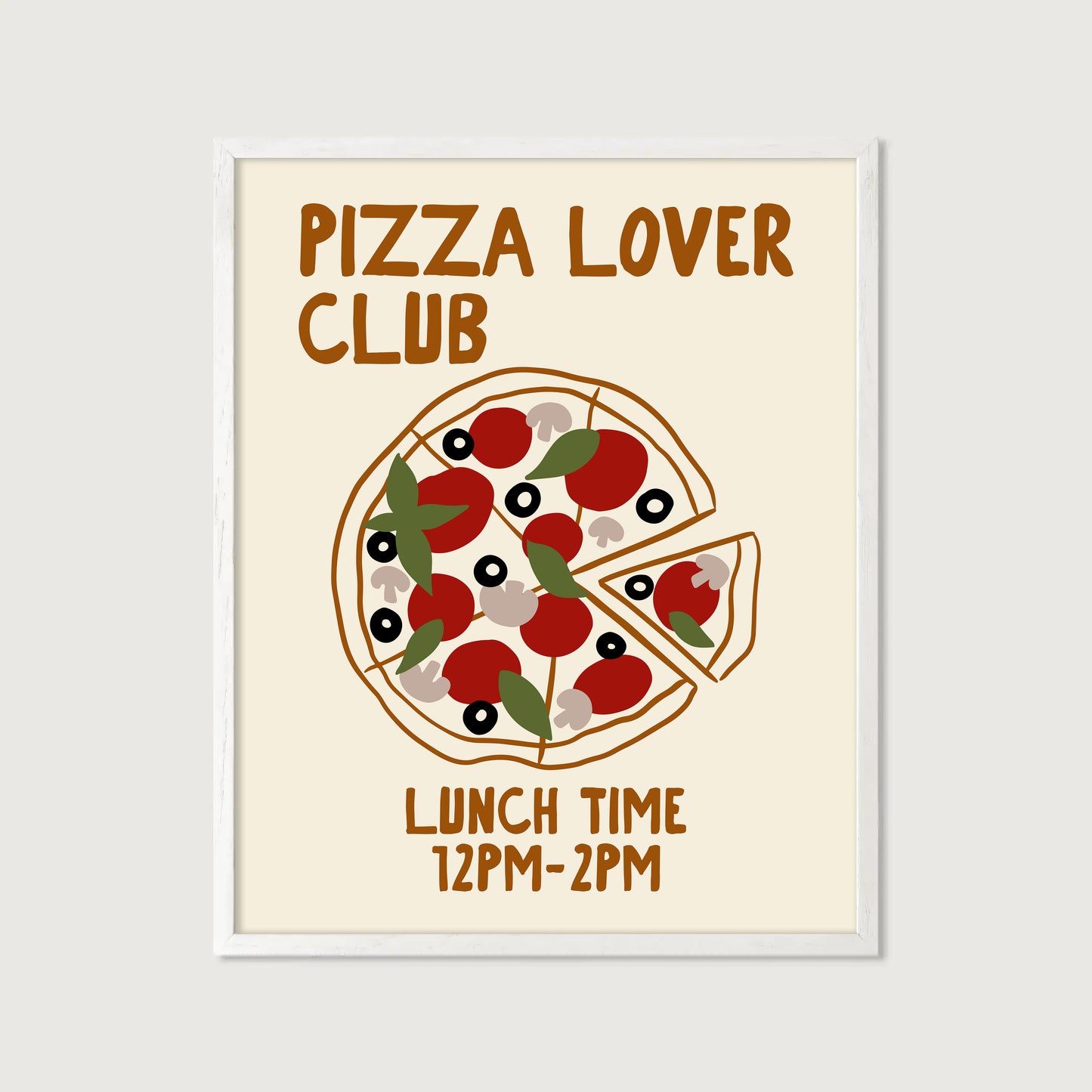 hand-drawn topped pizza tomatoes olives mushrooms basil cream background pizza lover club art print