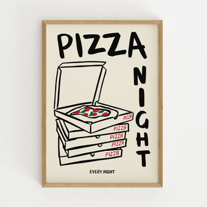 hand-drawn stacked pizza boxes tomato pizza pizza night every night lettering cream background art print
