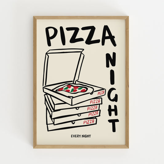 hand-drawn stacked pizza boxes tomato pizza pizza night every night lettering cream background art print