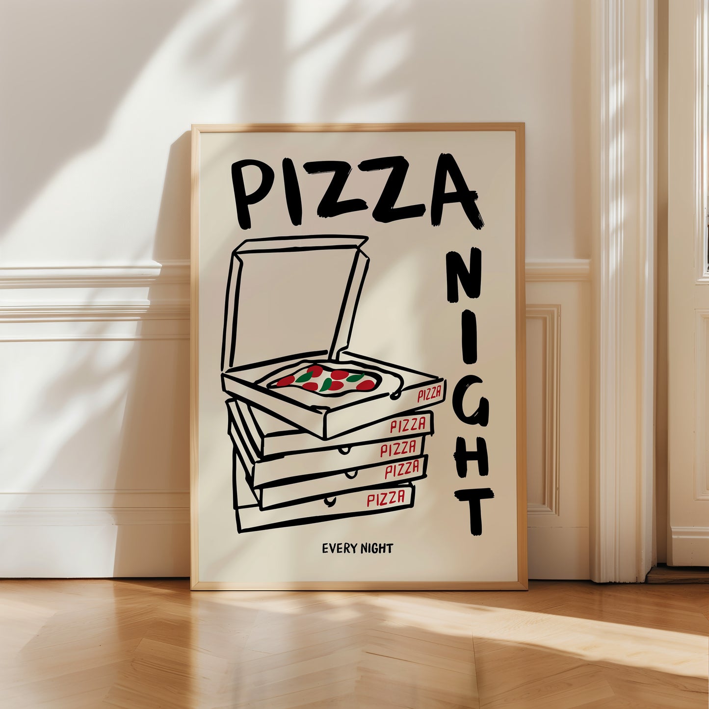 hand-drawn stacked pizza boxes tomato pizza pizza night every night lettering cream background art print