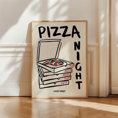 hand-drawn stacked pizza boxes tomato pizza pizza night every night lettering cream background art print