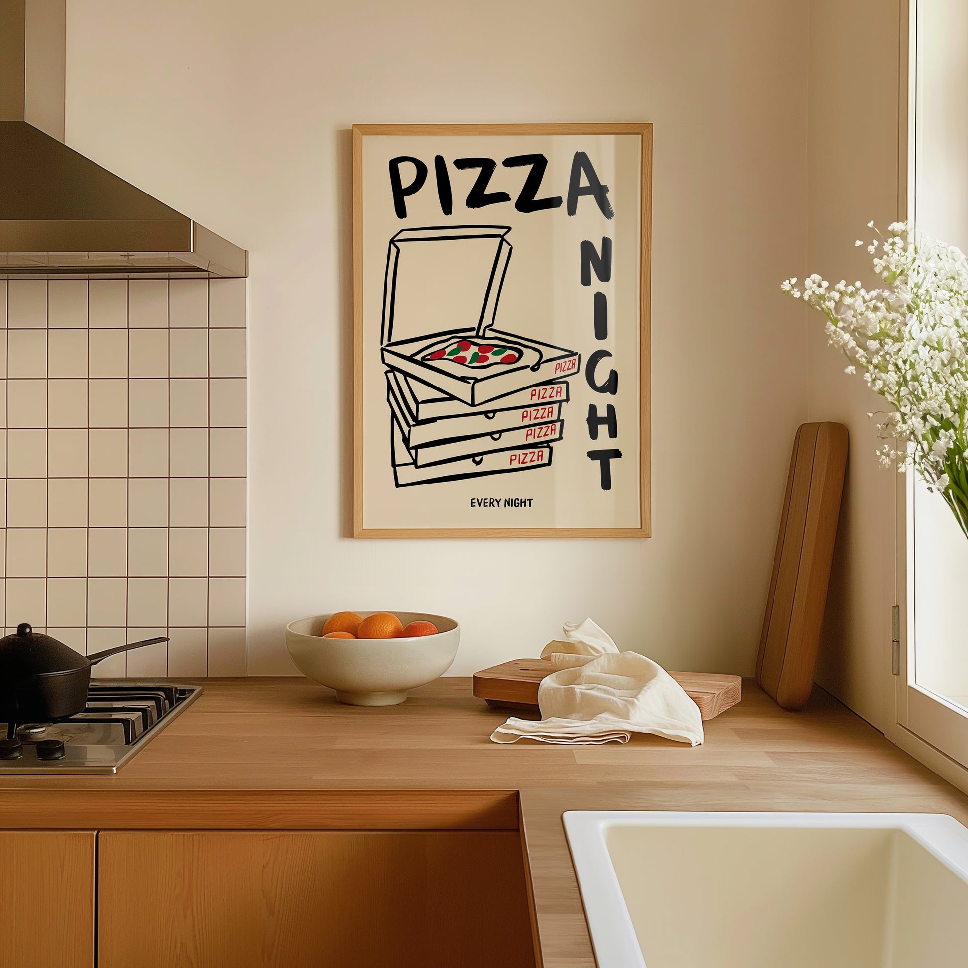 hand-drawn stacked pizza boxes tomato pizza pizza night every night lettering cream background art print